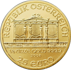 Золотая монета Венская Филармония (Филармоникер) Austrian Gold Philharmonic 1/4 унции 25 евро